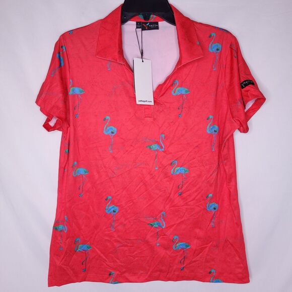Yatta Golf Tops - Yatta Golf Polo Shirt Womens Large Red Flamingo Print Just Beachy NWT